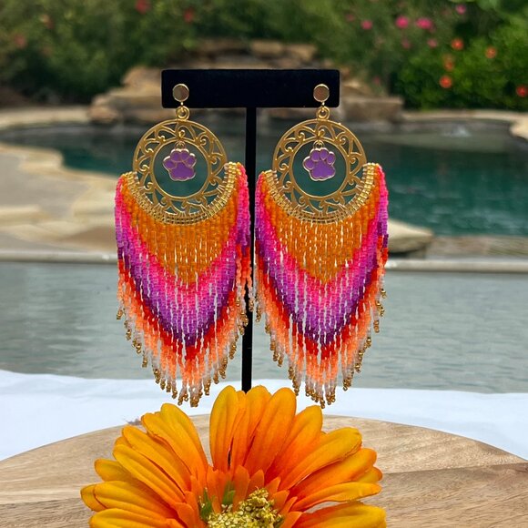 Handmade Beaded Long Fringe Paw Love Dangle Drop Lightweight Post Hoop Earrings - Picture 9 of 10